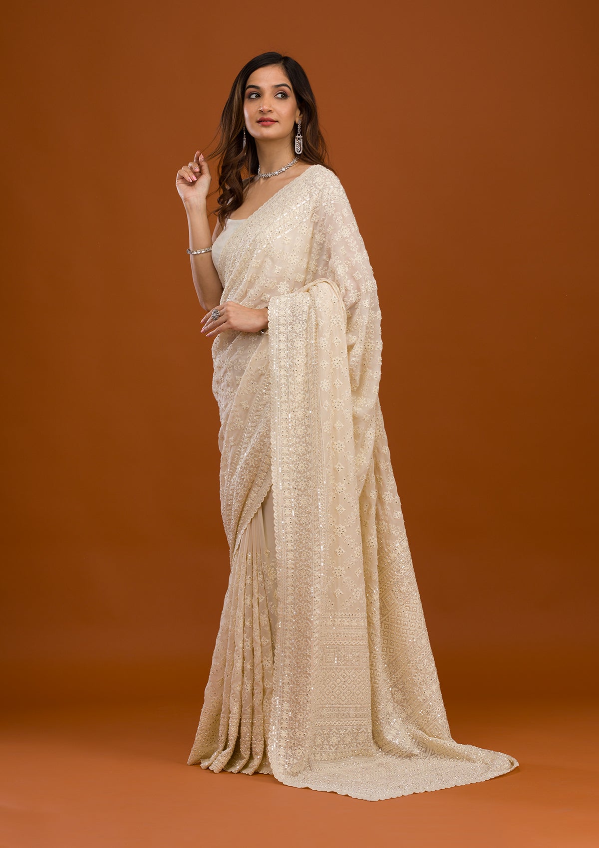 Cream Threadwork Georgette Saree-Koskii