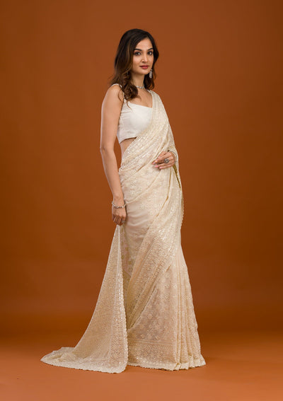 Cream Threadwork Georgette Saree-Koskii