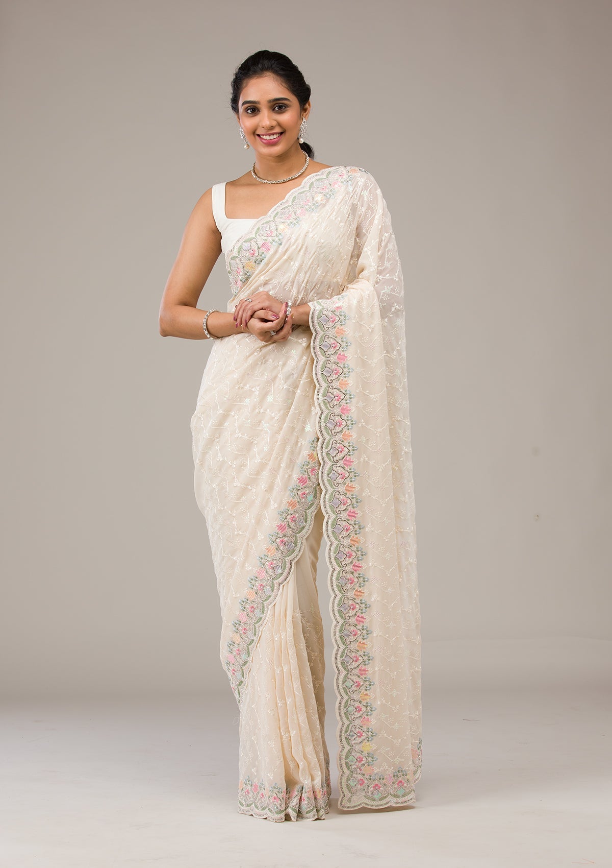 Cream Threadwork Georgette Saree-Koskii