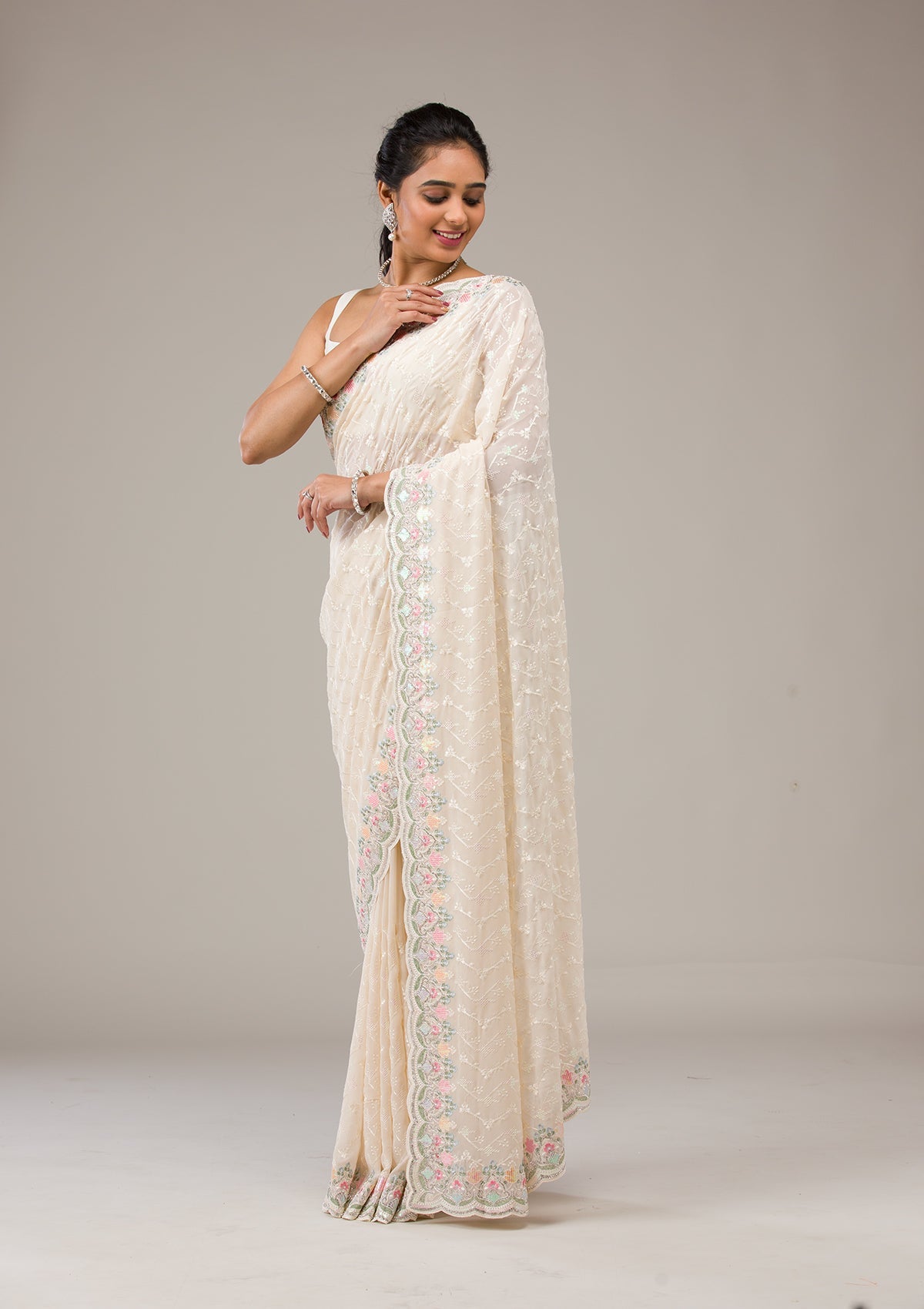 Cream Threadwork Georgette Saree-Koskii