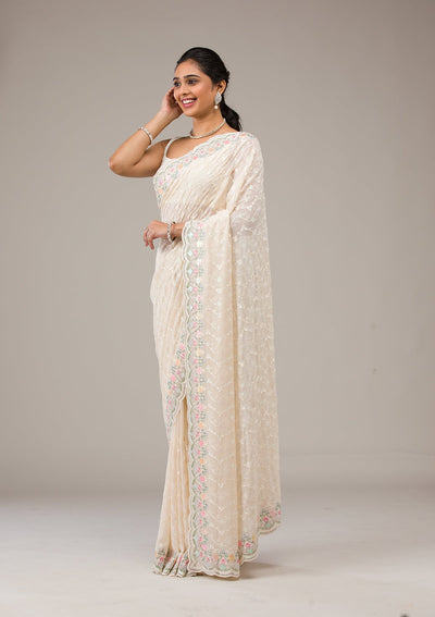 Cream Threadwork Georgette Saree-Koskii