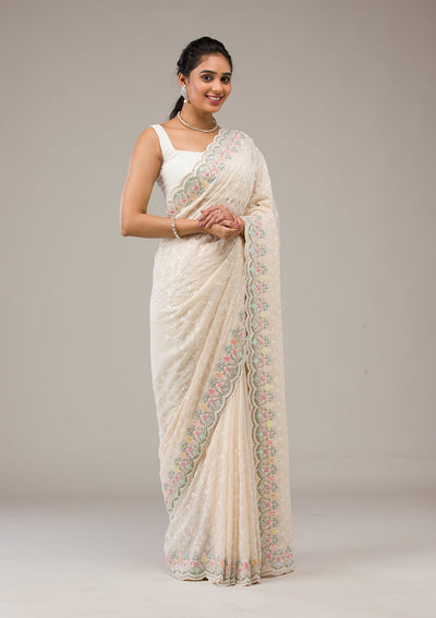 Cream Threadwork Georgette Saree-Koskii