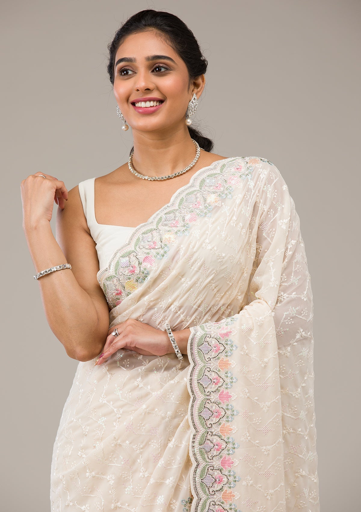 Cream Threadwork Georgette Saree-Koskii