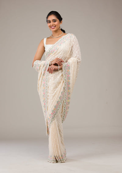 Cream Threadwork Georgette Saree-Koskii