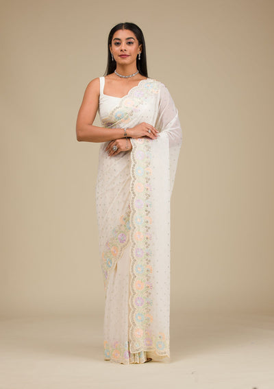 Cream Threadwork Georgette Saree-Koskii