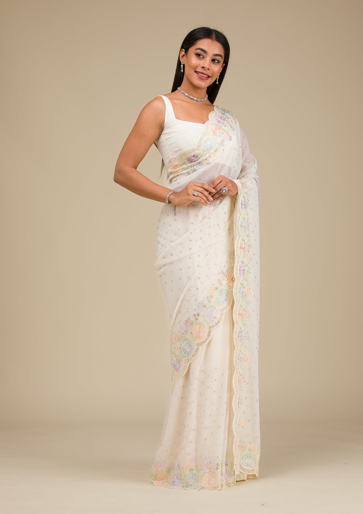 Cream Threadwork Georgette Saree-Koskii