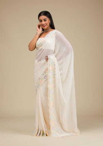 Cream Threadwork Georgette Saree-Koskii