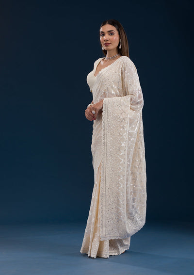 Cream Threadwork Georgette Saree-Koskii