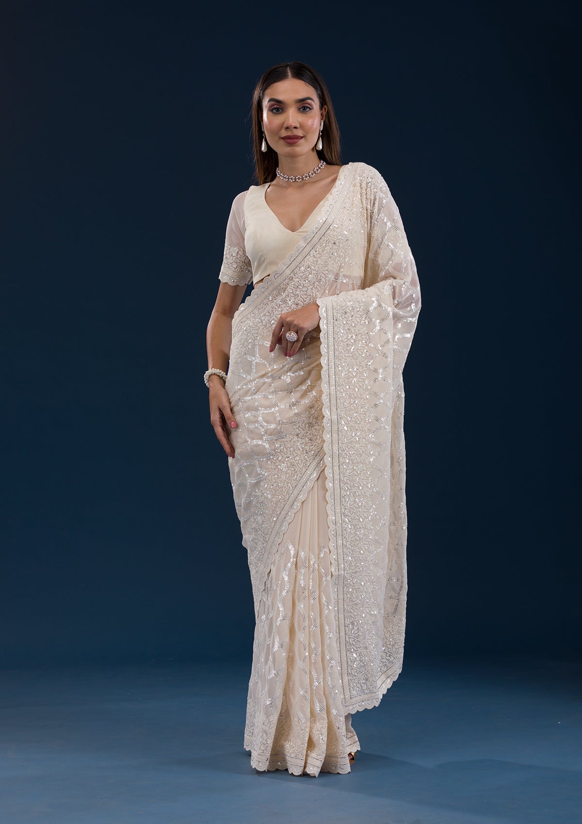 Cream Threadwork Georgette Saree-Koskii