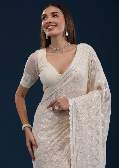 Cream Threadwork Georgette Saree-Koskii