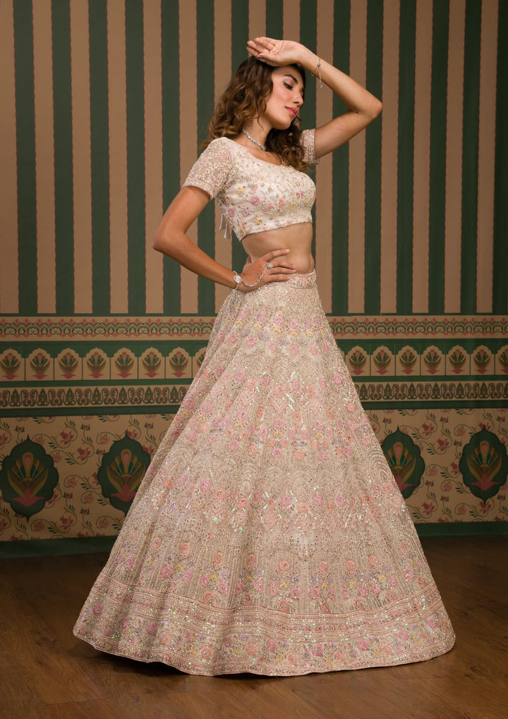Cream Threadwork Net Semi Stitched Lehenga