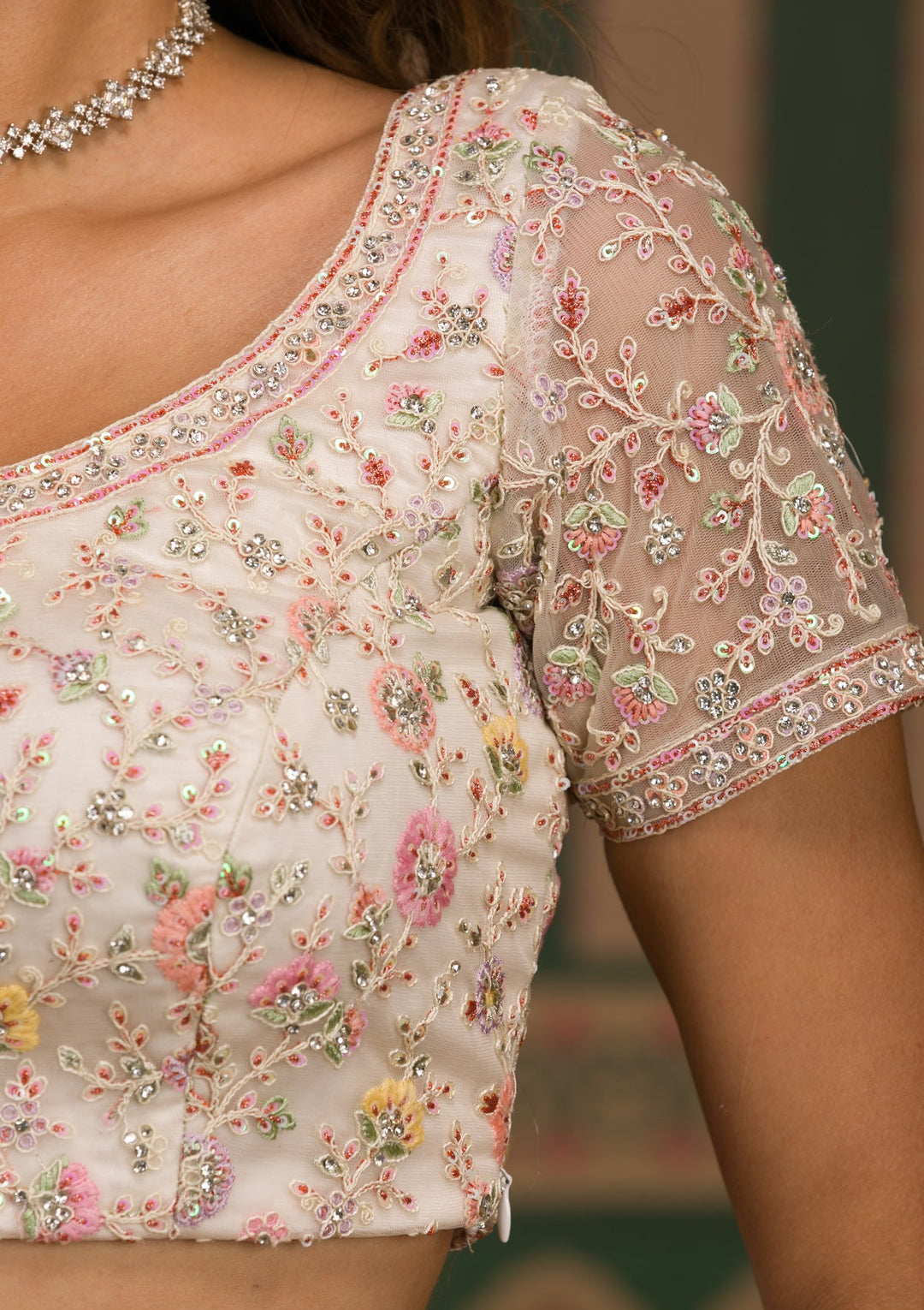 Cream Threadwork Net Semi Stitched Lehenga