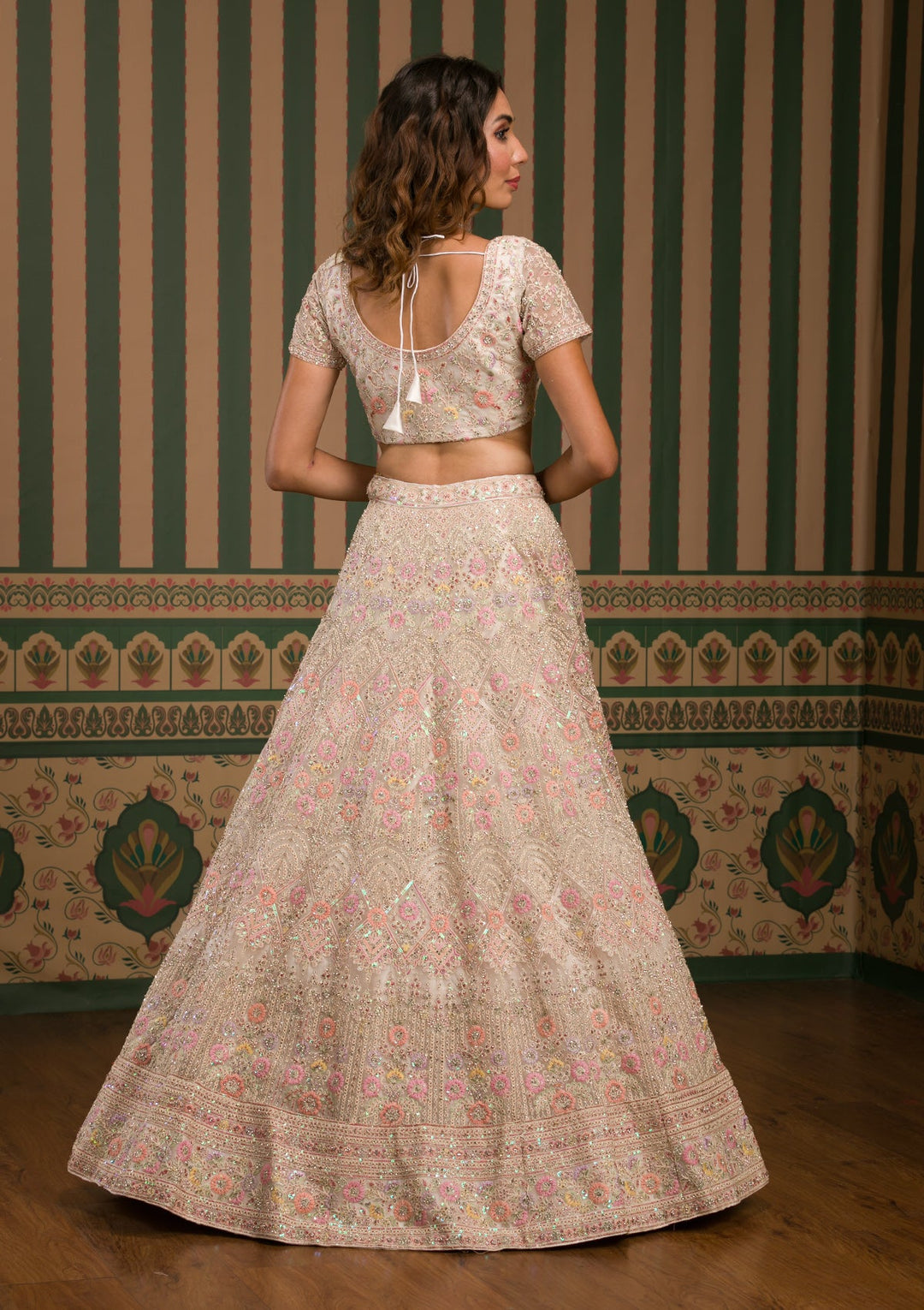 Cream Threadwork Net Semi Stitched Lehenga