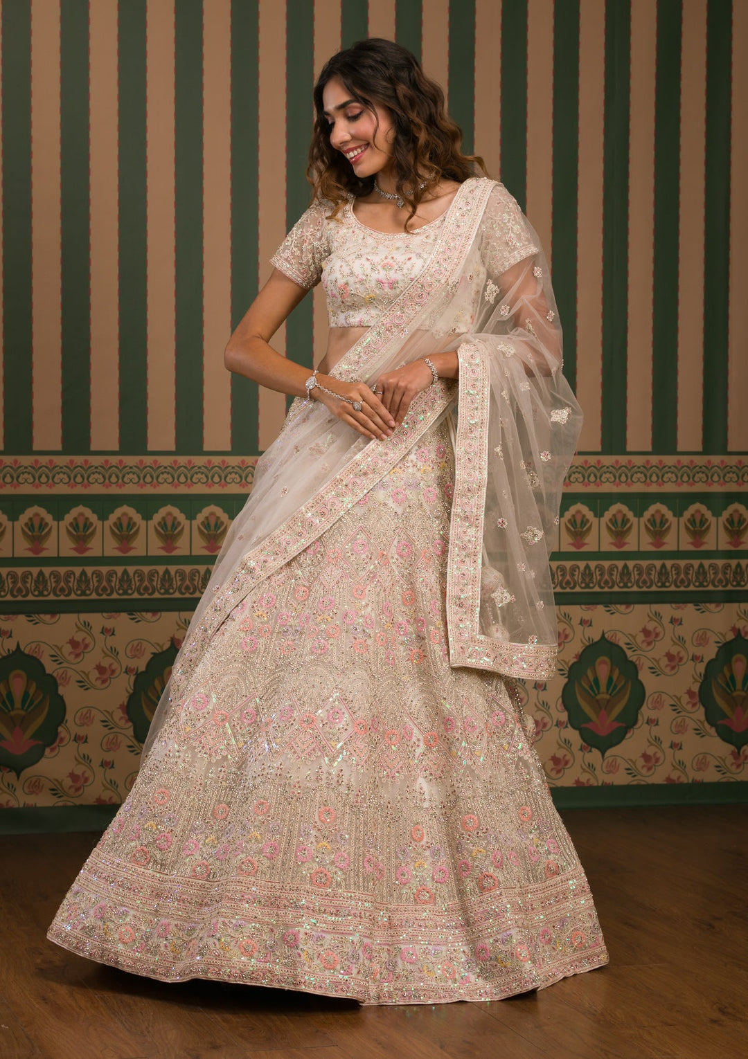Cream Threadwork Net Semi Stitched Lehenga