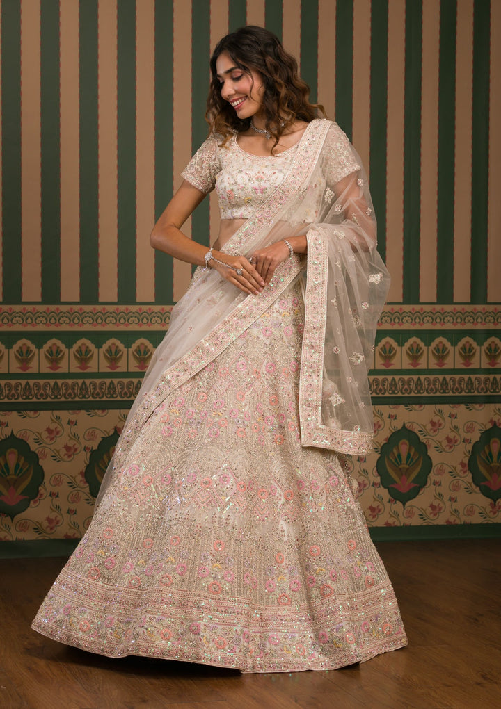 Cream Threadwork Net Semi Stitched Lehenga