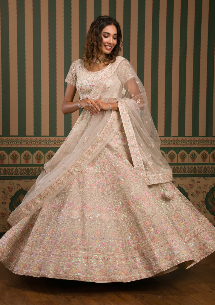 Cream Threadwork Net Semi Stitched Lehenga
