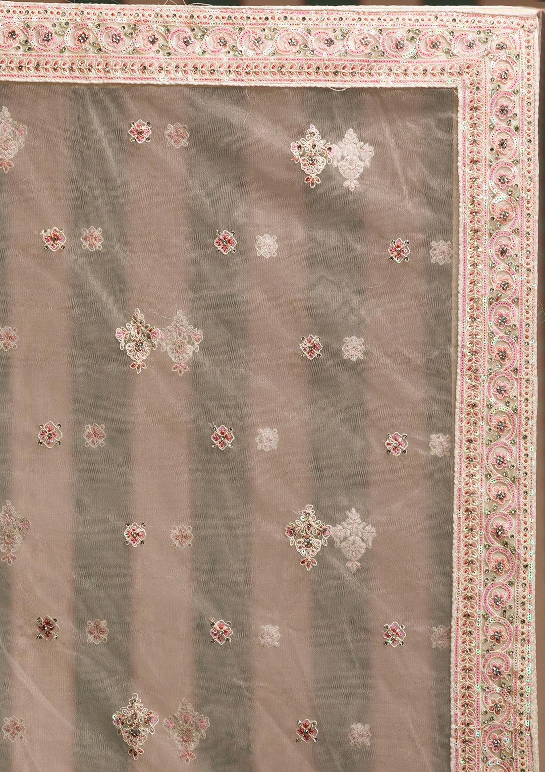 Cream Threadwork Net Semi Stitched Lehenga