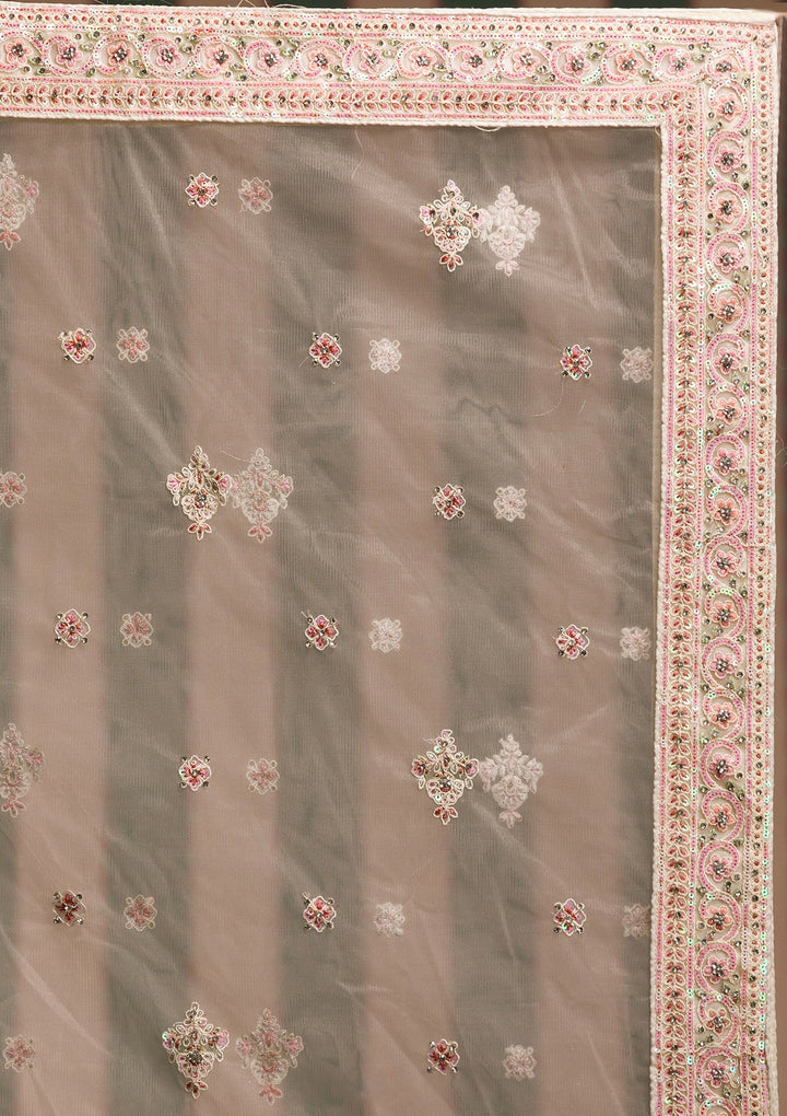 Cream Threadwork Net Semi Stitched Lehenga