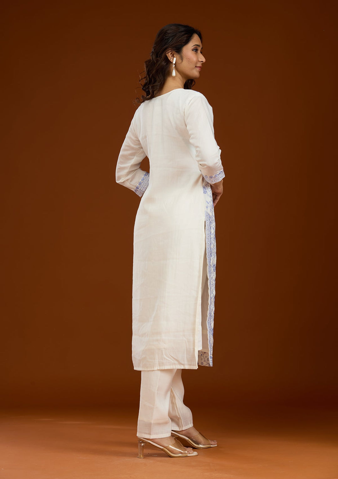 Cream Threadwork Semi Crepe Readymade Salwar Suit-Koskii