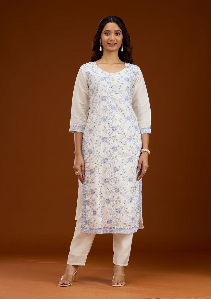 Cream Threadwork Semi Crepe Readymade Salwar Suit-Koskii