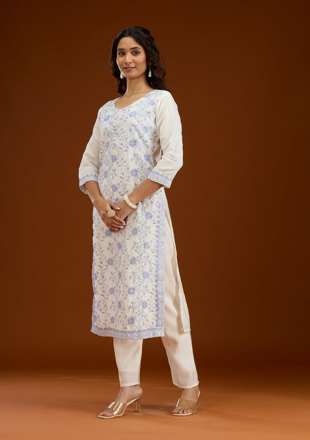 Cream Threadwork Semi Crepe Readymade Salwar Suit-Koskii