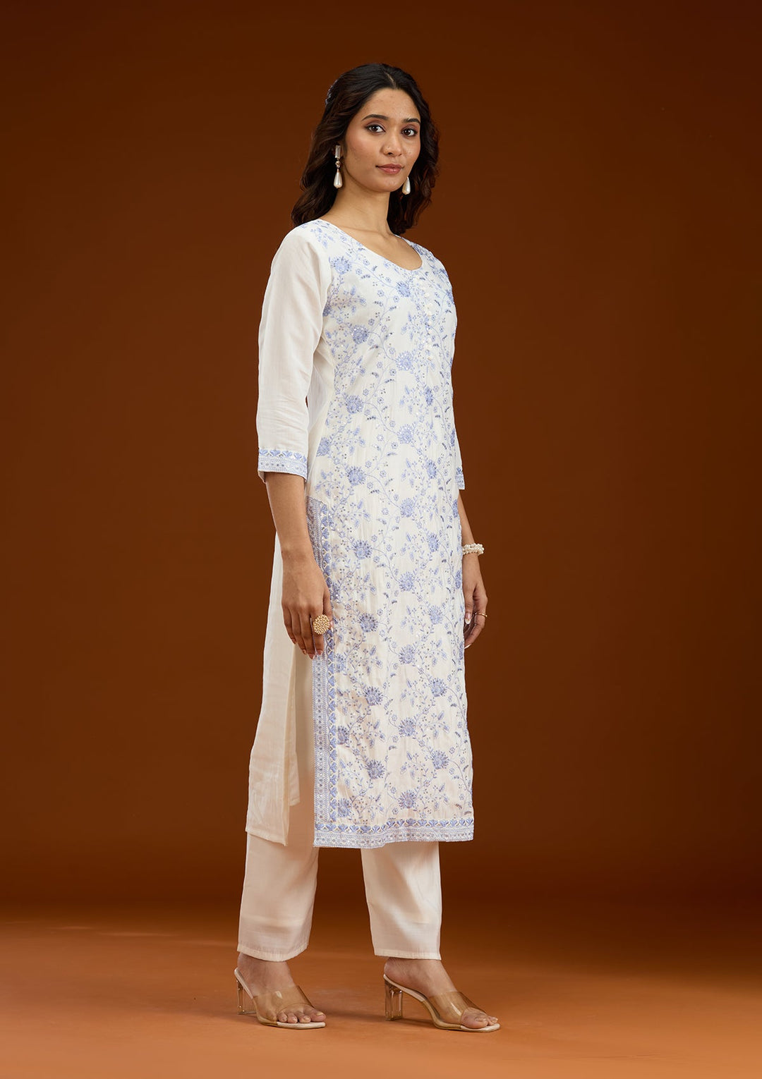 Cream Threadwork Semi Crepe Readymade Salwar Suit-Koskii