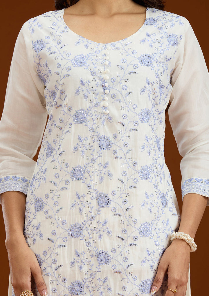 Cream Threadwork Semi Crepe Readymade Salwar Suit-Koskii