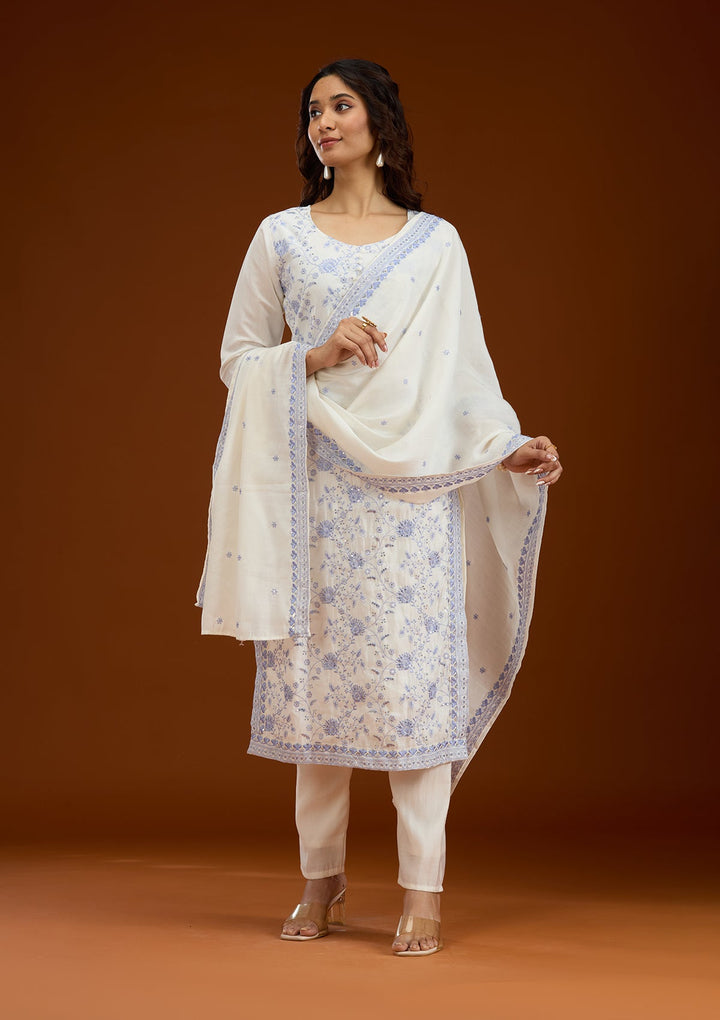 Cream Threadwork Semi Crepe Readymade Salwar Suit-Koskii