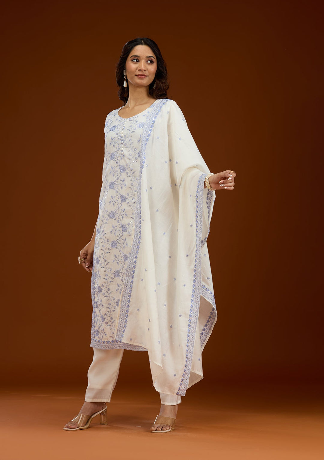 Cream Threadwork Semi Crepe Readymade Salwar Suit-Koskii