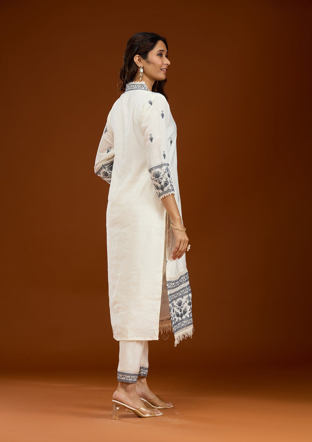 Cream Threadwork Semi Crepe Readymade Salwar Suit-Koskii