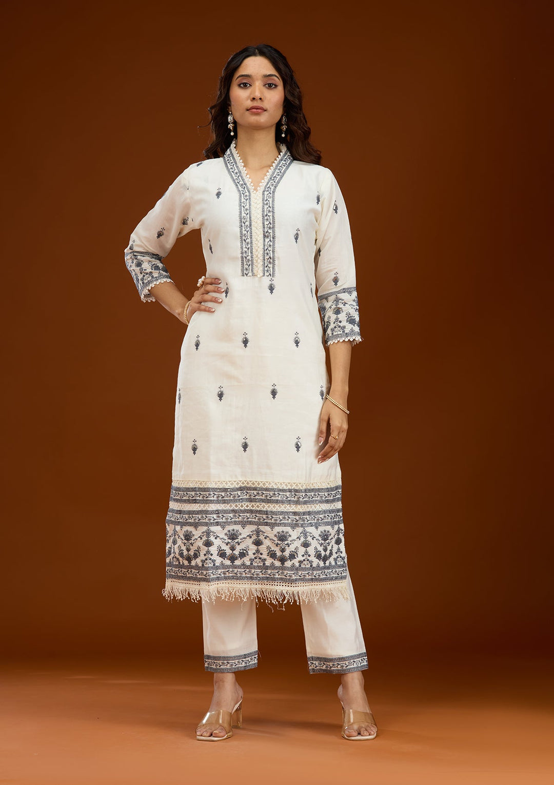 Cream Threadwork Semi Crepe Readymade Salwar Suit-Koskii