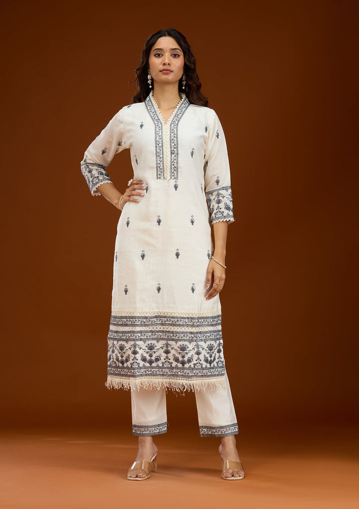Cream Threadwork Semi Crepe Readymade Salwar Suit-Koskii