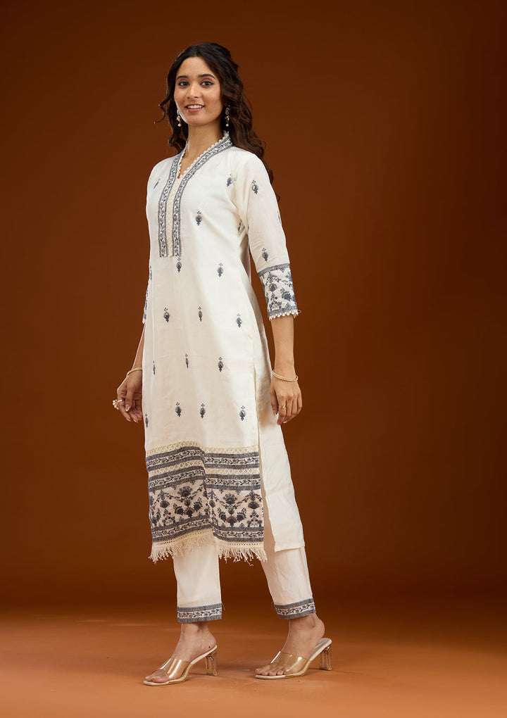 Cream Threadwork Semi Crepe Readymade Salwar Suit-Koskii