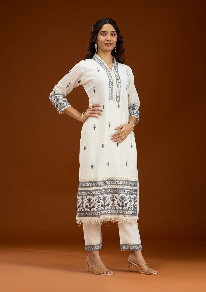 Cream Threadwork Semi Crepe Readymade Salwar Suit-Koskii