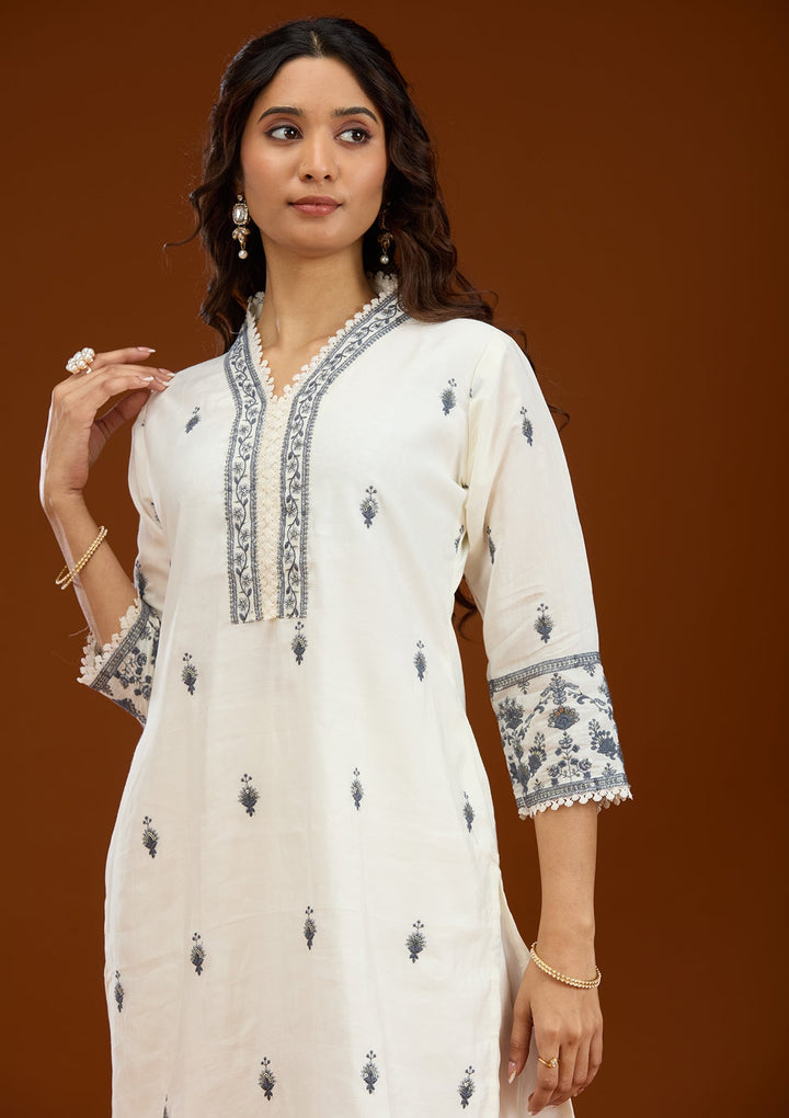 Cream Threadwork Semi Crepe Readymade Salwar Suit-Koskii