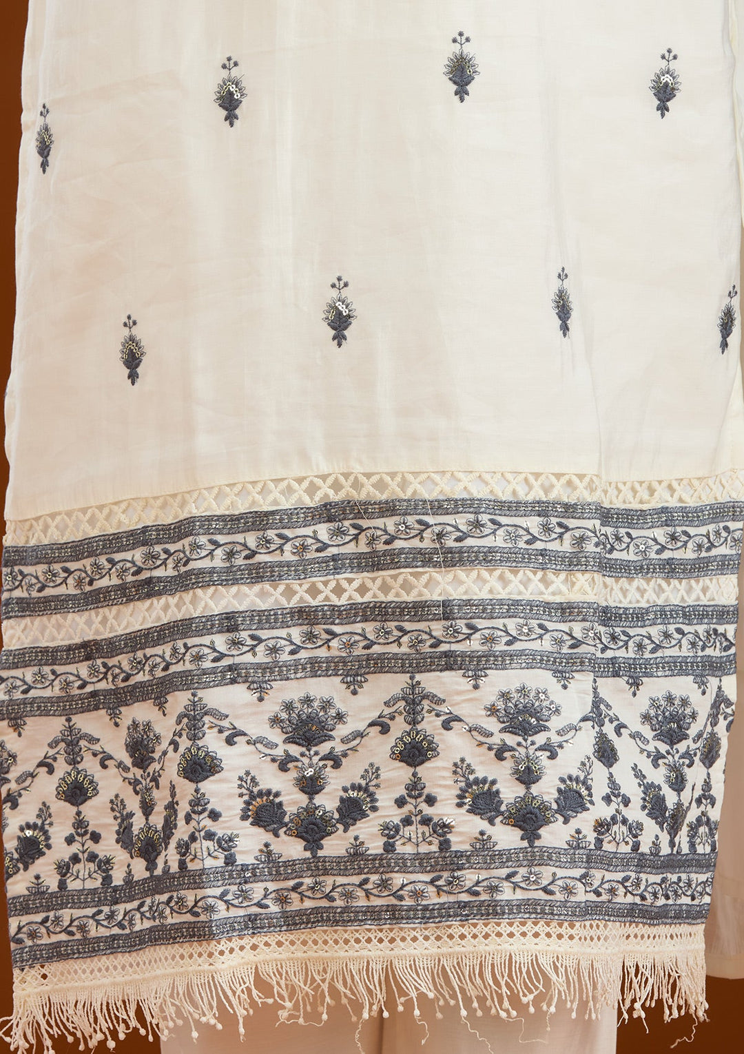 Cream Threadwork Semi Crepe Readymade Salwar Suit-Koskii