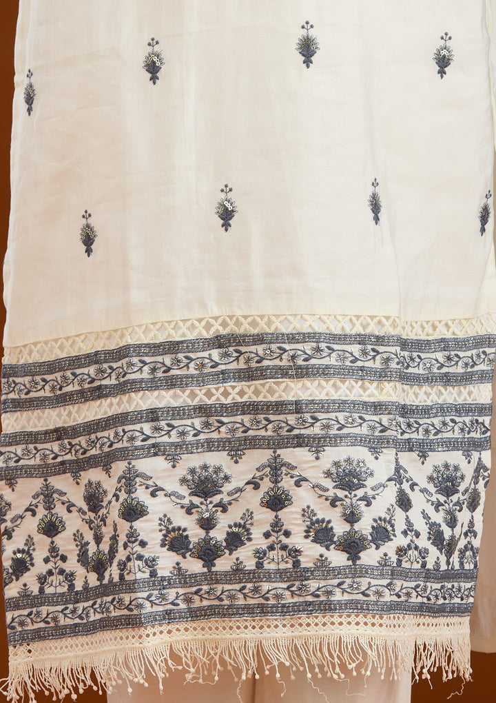 Cream Threadwork Semi Crepe Readymade Salwar Suit-Koskii
