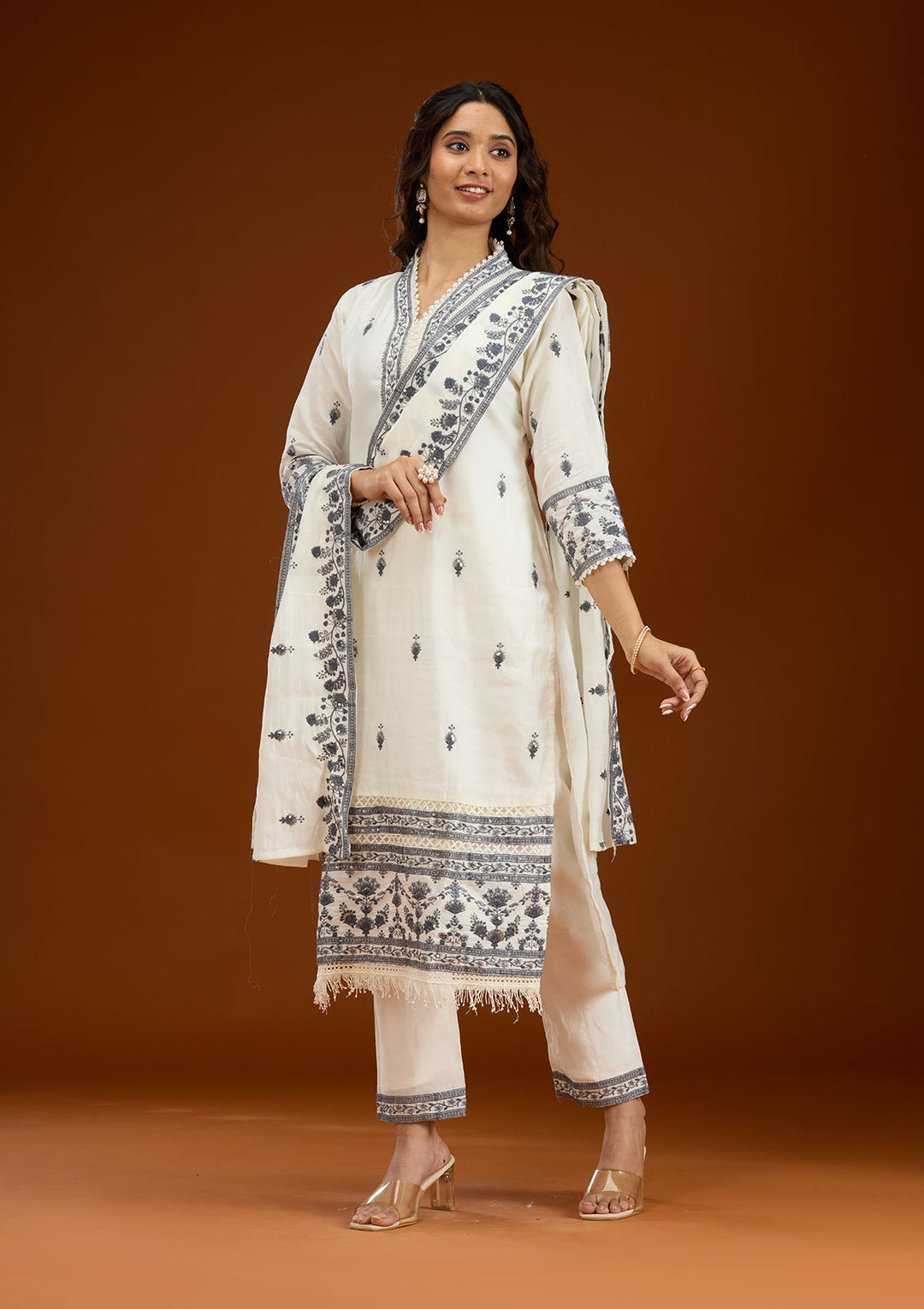 Cream Threadwork Semi Crepe Readymade Salwar Suit-Koskii
