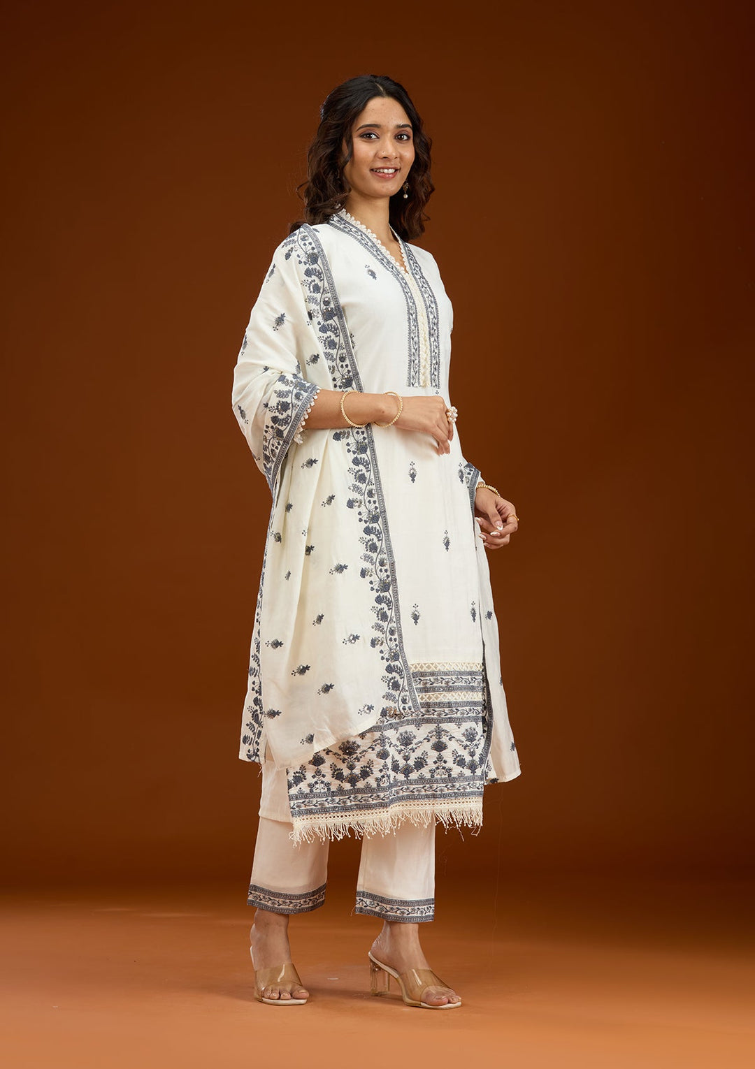 Cream Threadwork Semi Crepe Readymade Salwar Suit-Koskii