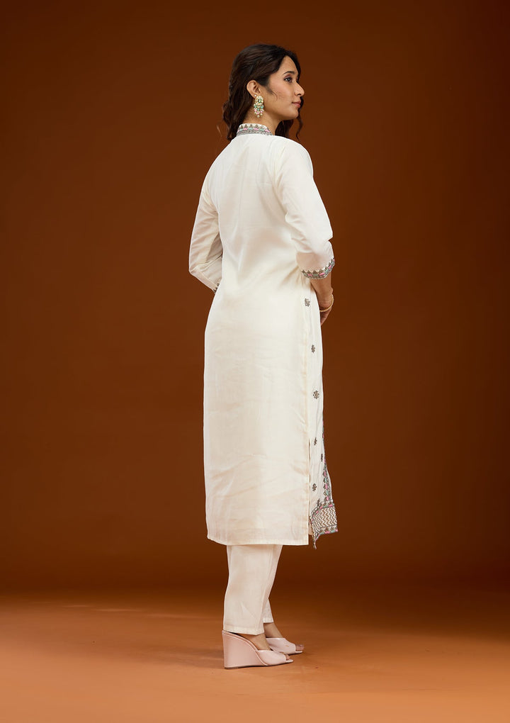 Cream Threadwork Semi Crepe Readymade Salwar Suit-Koskii