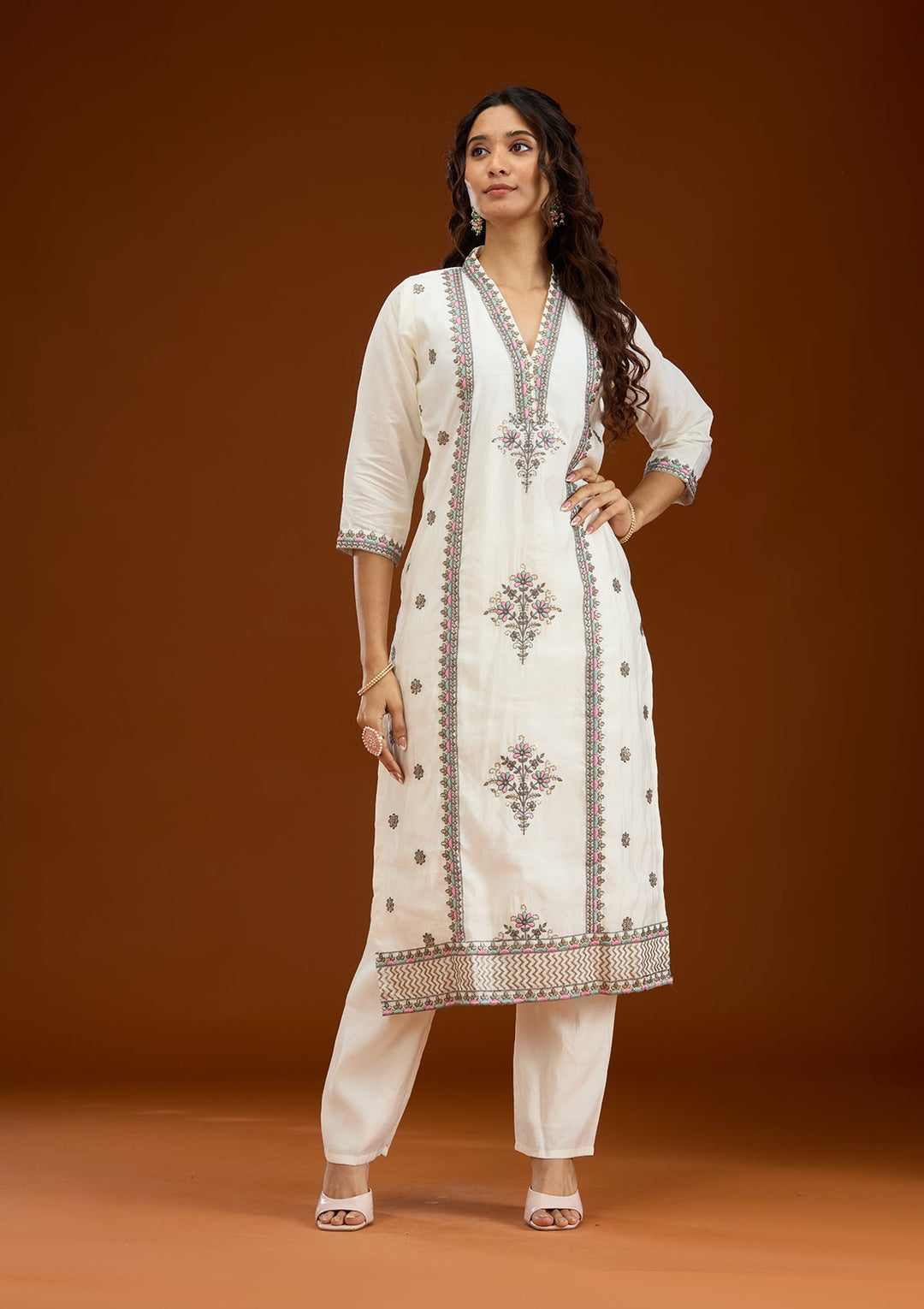 Cream Threadwork Semi Crepe Readymade Salwar Suit-Koskii
