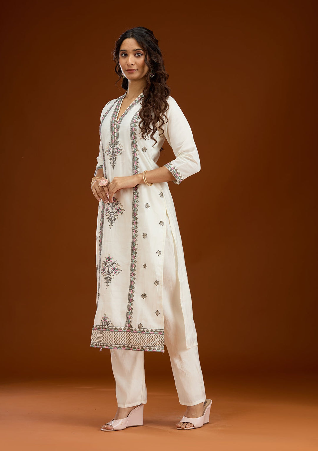 Cream Threadwork Semi Crepe Readymade Salwar Suit-Koskii