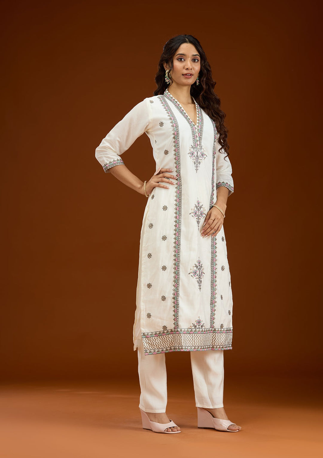 Cream Threadwork Semi Crepe Readymade Salwar Suit-Koskii