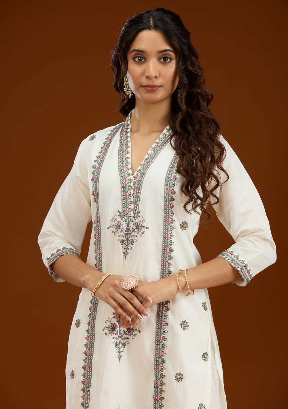 Cream Threadwork Semi Crepe Readymade Salwar Suit-Koskii