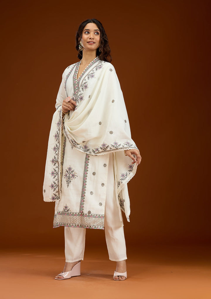 Cream Threadwork Semi Crepe Readymade Salwar Suit-Koskii
