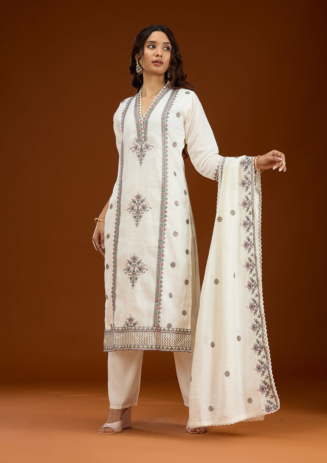 Cream Threadwork Semi Crepe Readymade Salwar Suit-Koskii