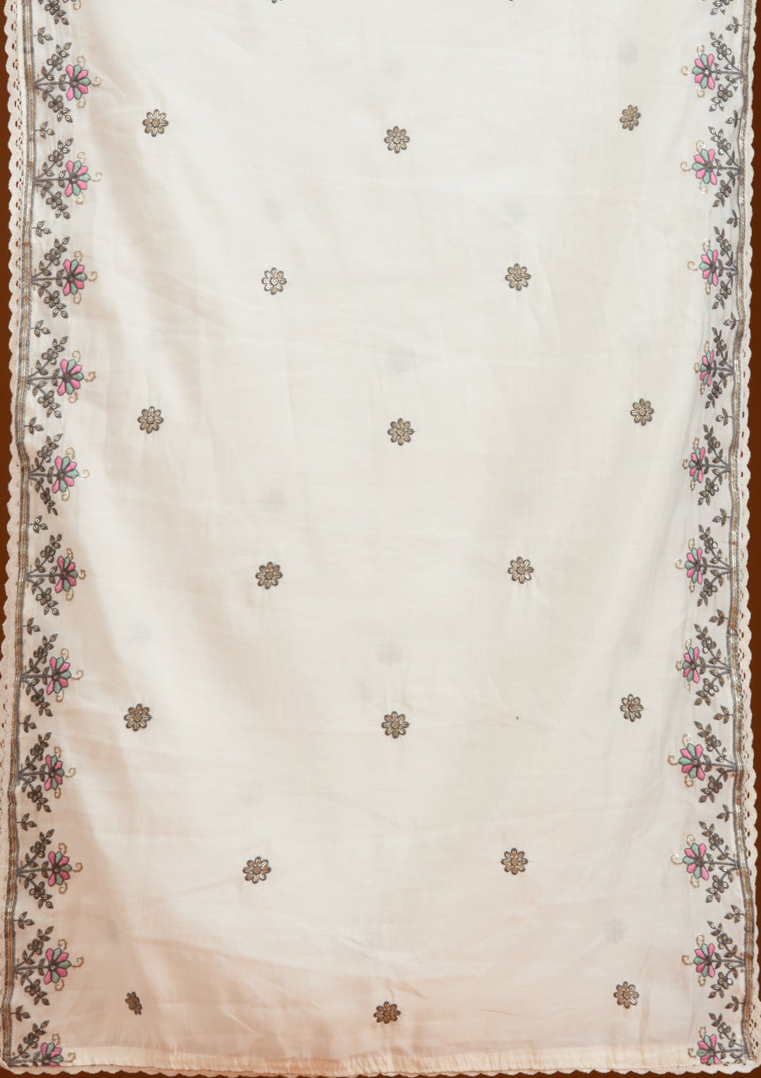 Cream Threadwork Semi Crepe Readymade Salwar Suit-Koskii