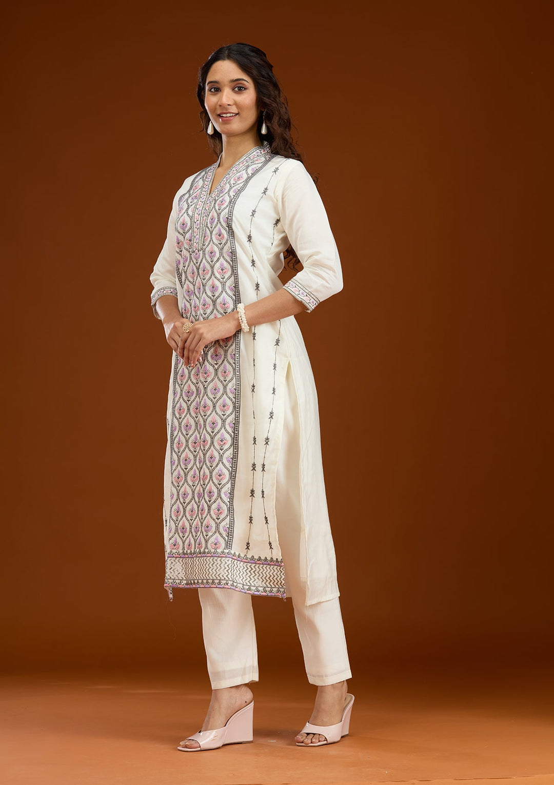 Cream Threadwork Semi Crepe Readymade Salwar Suit-Koskii