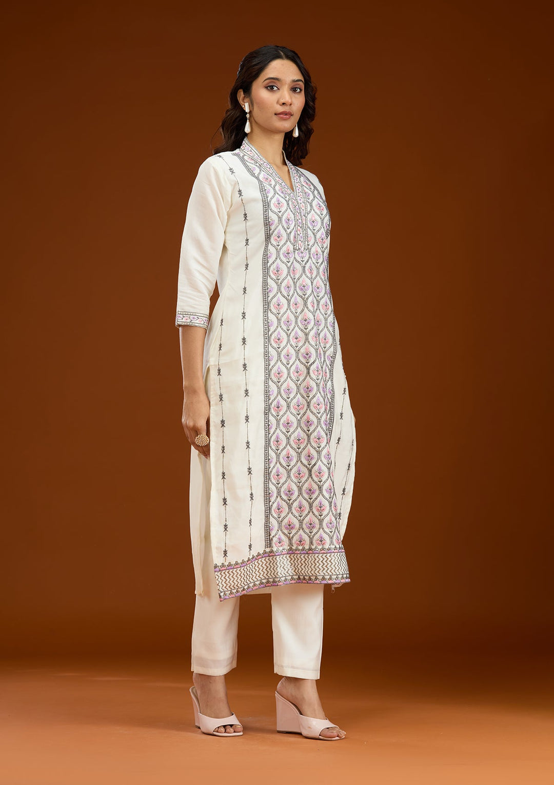 Cream Threadwork Semi Crepe Readymade Salwar Suit-Koskii