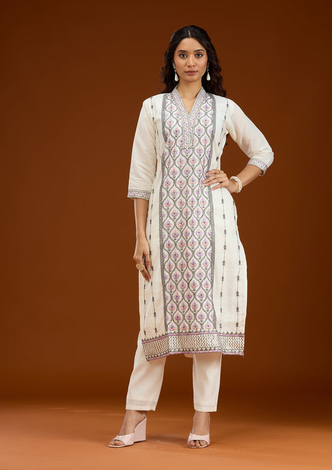 Cream Threadwork Semi Crepe Readymade Salwar Suit-Koskii